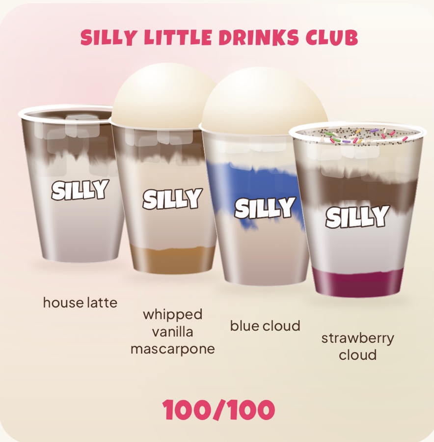 The line-up: a house latte, a whipped vanilla mascarpone, a blue cloud and a strawberry cloud on a cream counter.