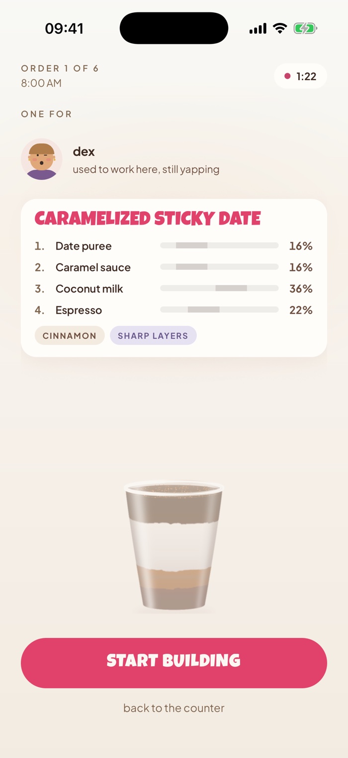 An order: a Caramelized Sticky Date, four lines with their amounts and a countdown running.